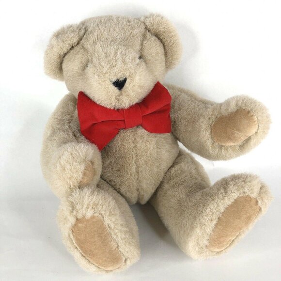 The Vermont Teddy Bear Company Plush Jointed Red Bow Tie Brown 16" Tan Stuffed - Picture 1 of 7